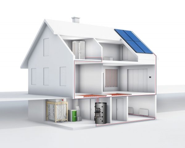 Pellets und Solar, das ideale Paar: Ein Einfamilienhaus kann vollkommen erneuerbar mit einem Pelletskessel kombiniert mit einem Pufferspeicher und Solarkollektoren beheizt werden.